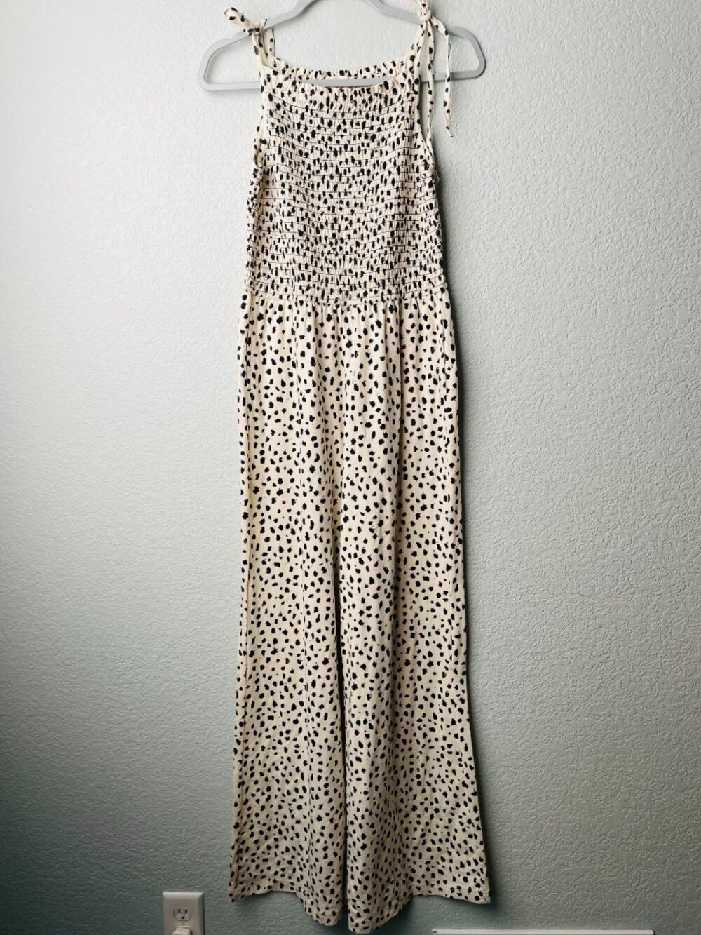 Pact Organic Cotton Smocked Wide-Leg Jumpsuit Dot Dalmatian Pattern | Medium